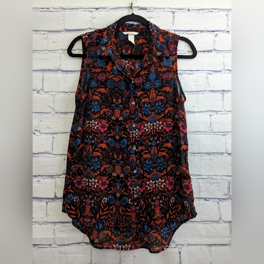 H&M Black Floral Sheer Sleeveless Blouse Women's Size 6 Small